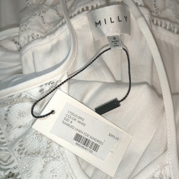 Milly NY Linen Blend Halter Tumbled Zoe  Crochet Lace White Poplin Sundress - Picture 14 of 16